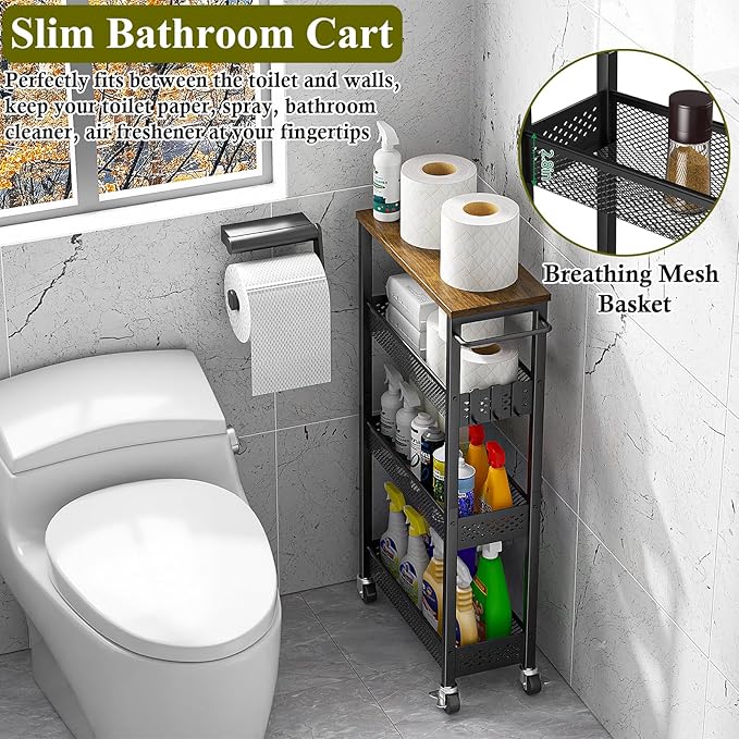 OKZEST Utility Slim Storage Cart, 4 Tier Small Rolling Kitchen Laundry Room Cart with Wood Top, Metal Narrow Bathroom Storage Cabinet Mobile Shelf Unit Organizer Trolley with Handle for Narrow Space