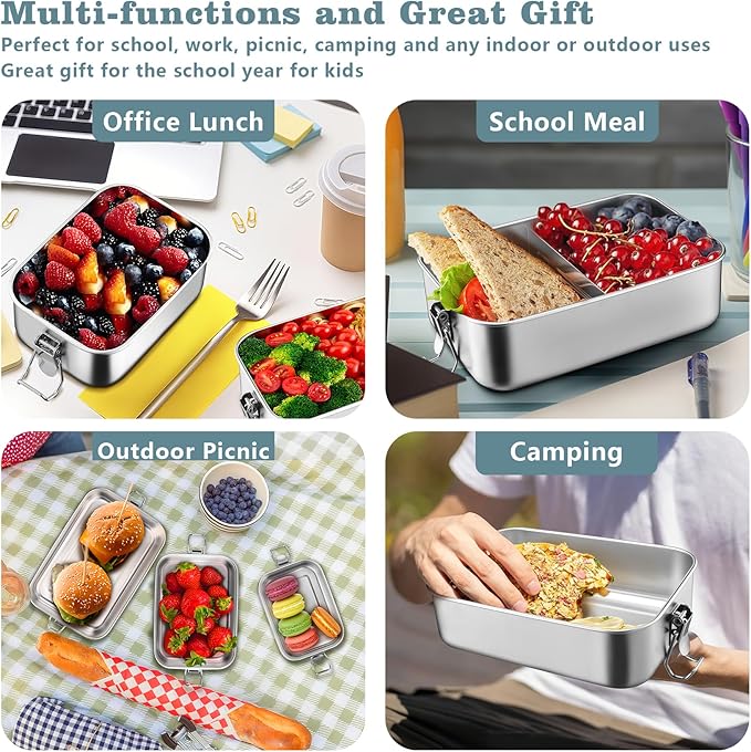 TeamFar Stainless Steel Bento Box, 3 Pack (16, 28 & 47oz) Metal Lunch Box with 3 Compartments for Adults Kids, Lunch Food Containers for School/Work/Meal Prep, Leak-Proof, 550ML+850ml+1400ML