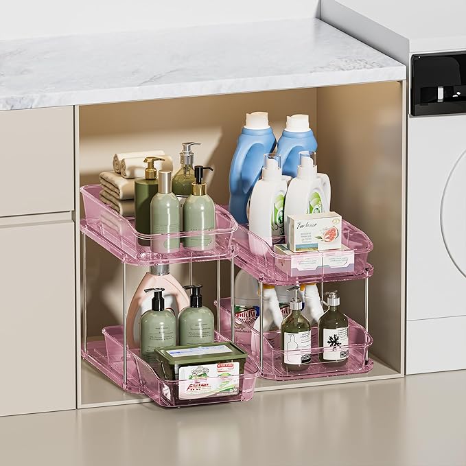 Delamu 2-Tier Under Sink Organizers and Storage, Multi-Purpose Stackable Bathroom Cabinet organizers, Pull Out Kitchen Pantry Organization and Storage with Dividers(2 Pack, Pink)