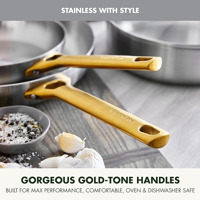 GreenPan Stainless Steel Tri-Ply Reserve 10” and 12” Frying Pan Skillet Set, Multiclad Cookware, Induction, Oven & Broiler Safe to 600°F, Heat Responsive Core, Dishwasher Safe, Gold Handles