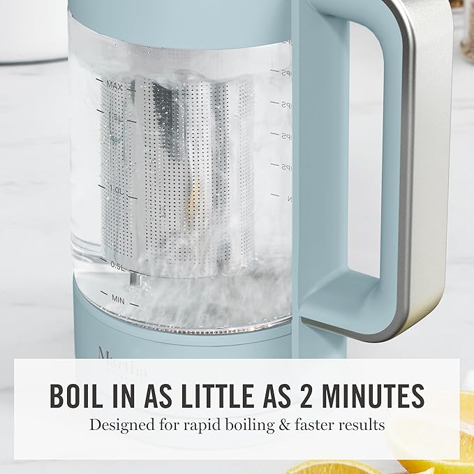 Martha Stewart Electric Kettle with Removable Stainless Steel Tea Infuser, Glass Carafe 1.7L (7 Cups), Hot Water Boiler, 4 Presets, Keep Warm & Auto Shut-Off, Cordless 360° Swivel Base, Sky Blue