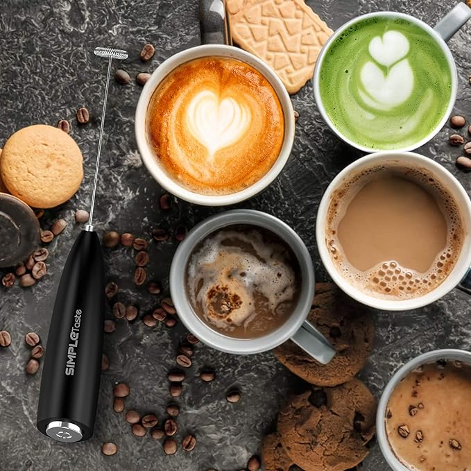 SIMPLETASTE Milk Frother Handheld Electric Foam Maker, Drink Mixer with Stainless Steel Whisk for Cappuccino, Bulletproof Coffee, Latte, Black, with Stand, Battery Operated
