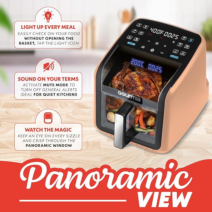 Gourmia Air Fryer 7 QT - Easy View Panorama Window & Interior Light, Guided Cooking with 12 One-Touch Presets, FryForce 360, Dishwasher Safe Accessories, Peach