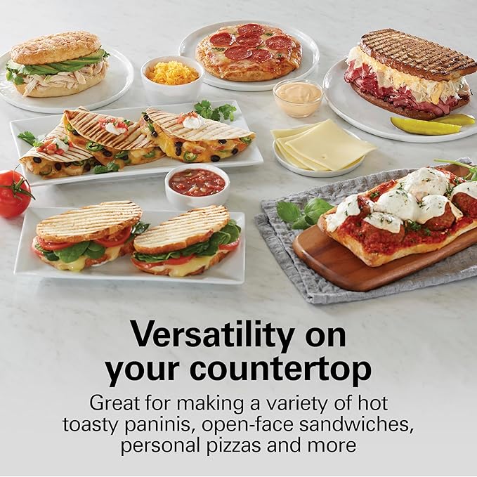 Hamilton Beach Panini Press Sandwich Maker & Electric Indoor Grill with Locking Lid, Opens Wide to Fit Any Thickness for Quesadillas, Burgers & More, Nonstick 8" x 10" Grids, Chrome (25460MNA)