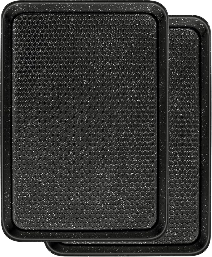 Wildone 2 Pack Half Sheet Baking Pans, Honeycomb Embossed Nonstick Baking Sheet 17.5x12 In, Thicker Carbon Steel Cookie Sheet, Even Heating & Warp Resistant, Black