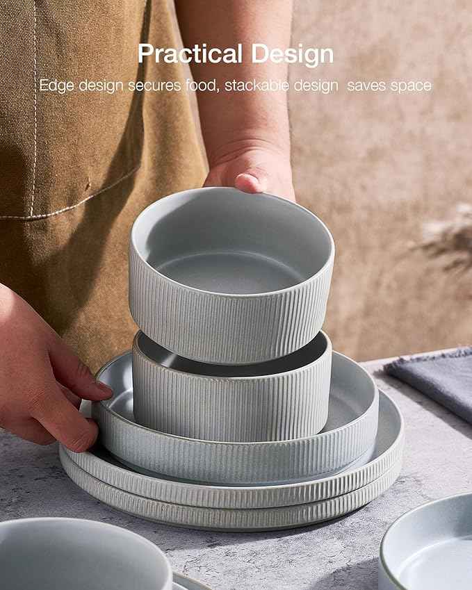 Famiware Star Dinnerware Set, Plates and Bowls Sets for 6 (18pcs), Ribbed Stoneware Dishes - Chip & Scratch Resistant, Microwave & Dishwasher Safe Kitchenware, Matte Gray