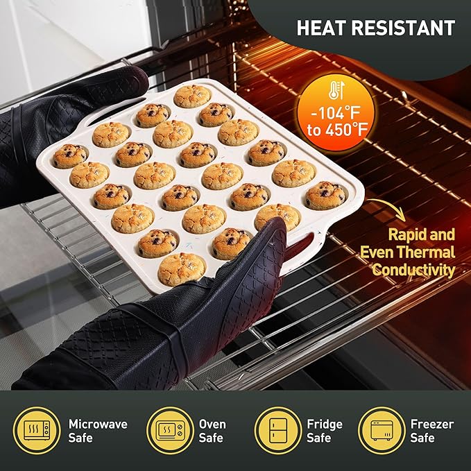 Socisen 24 Cups Silicone Muffin Pan with Metal Reinforced Frame Mini Size Cupcake Pan Tray Egg Bites Silicone Circle Cookie Molds Muffin Tin Tart Pans Non Stick Toxic Oven Safe Baking Sheet Set