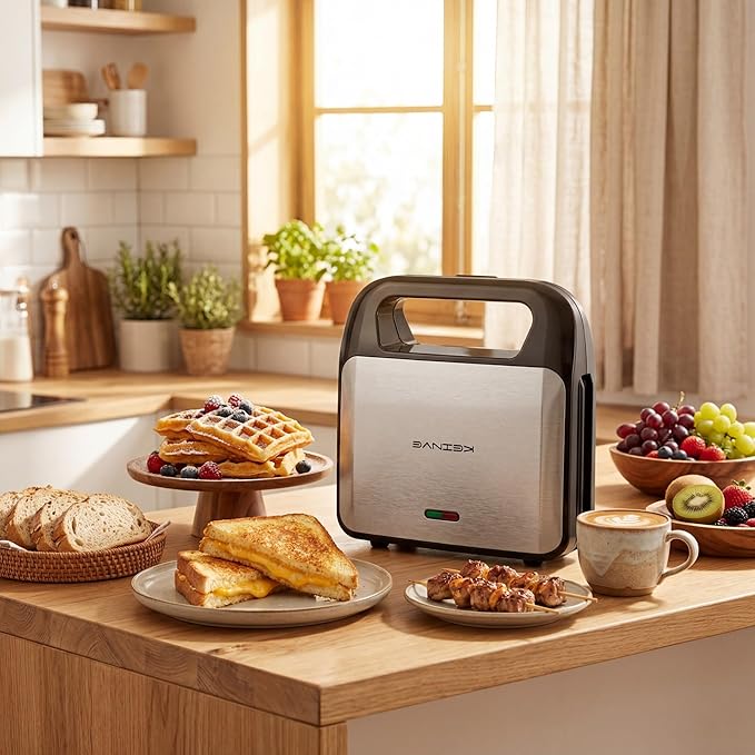 KEINVE 3 in 1 Sandwich Maker & Waffle Maker, Removable Non-Stick Plates, Panini Press, Grilled Cheese Maker, Cool-Touch Handle, LED Light, Easy Clean, 750W, for Home Kitchen Breakfast