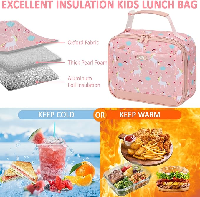 Lunch Box Kids Insulated Lunch Bag for Boys Girls Cute Reusable Lunch Tote Bag Waterproof Portable Thermal Lunch Box Kids for School Picnic Travel Pink Unicorns