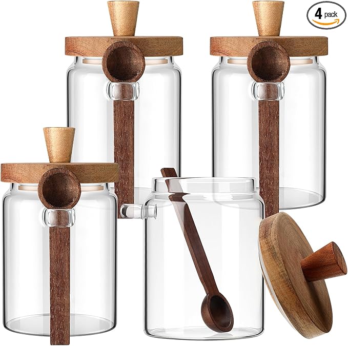Remerry Set of 4 Glass Jar with Wooden Lid and Spoon, Clear Airtight Spice Canisters Glass Food Storage Kitchen Containers Set for Coffee Bean Tea Sugar (20 oz)
