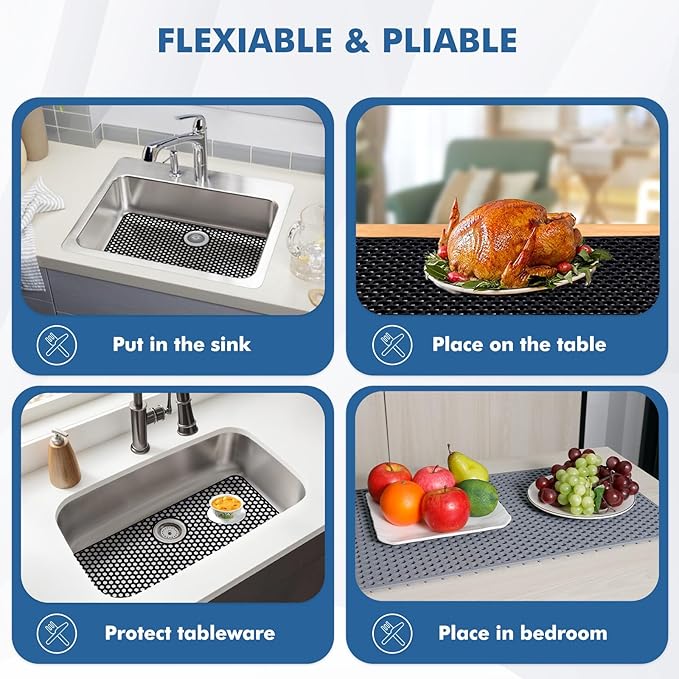 Bestjing Silicone Sink Protectors for Kitchen Sink with Rear Drain - 28.3"x 15.7" Kitchen Protector Accessory, Non-Slip Heat Resistan Mat for Bottom of Farmhouse Stainless Steel (Rear Hole, Black)