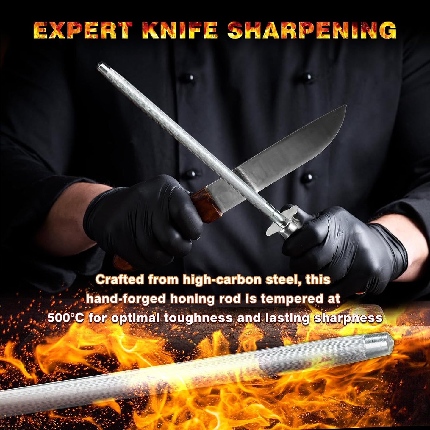 Knife Sharpener Rod, Kitchen Knives Sharpener Carbon Steel Professional Knife Sharpening Steel, Honing Rod with Hanging Holes (13 inches), W