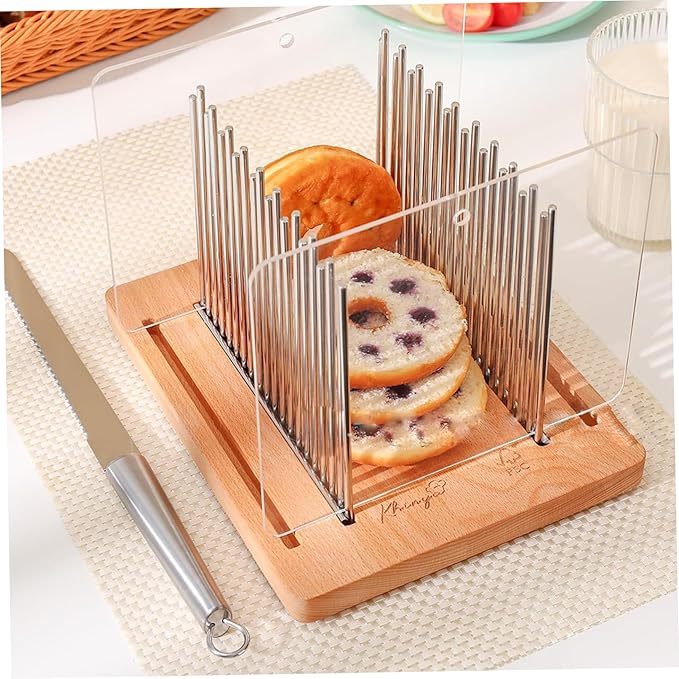 Manual Bread Slicer, Adjustable Stainless Steel Guide - Foldable Compact Slicer for Homemade Loaf, Wood Base