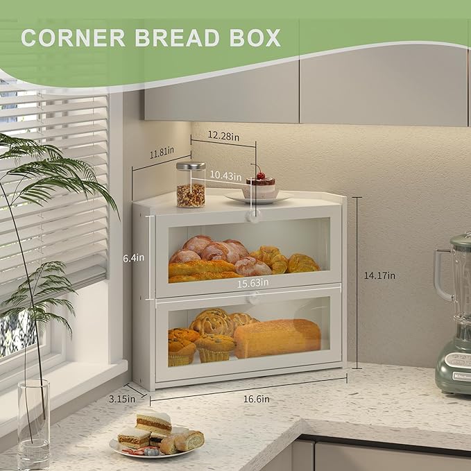 JANSNIMEN Corner Bread Box for Kitchen Countertop, Large Bread Container Storage Bamboo Wooden Farmhouse Bread Box with Window Bread Holder (White)
