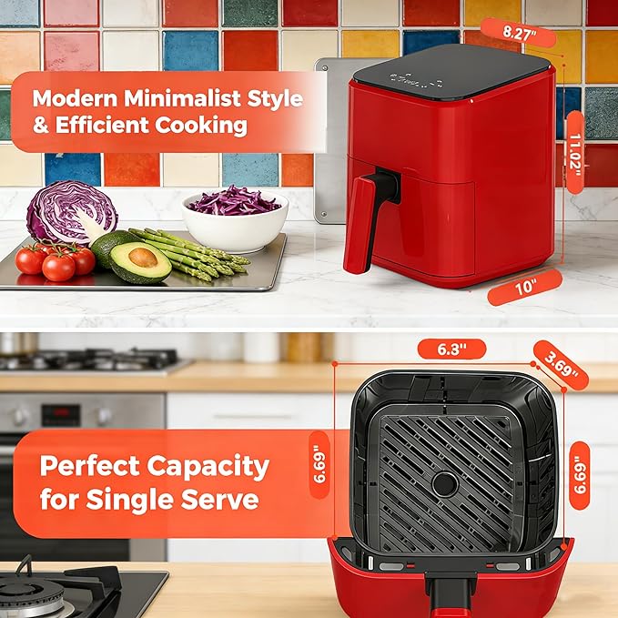 HealSmart 3.17 Qt Compact Air Fryer, 8-in-1 Digital Small AirFryer with 400°F, Nonstick Dishwasher-Safe Basket, Auto Shutoff, Overheat Protection, for Quick Healthy Meals, Red