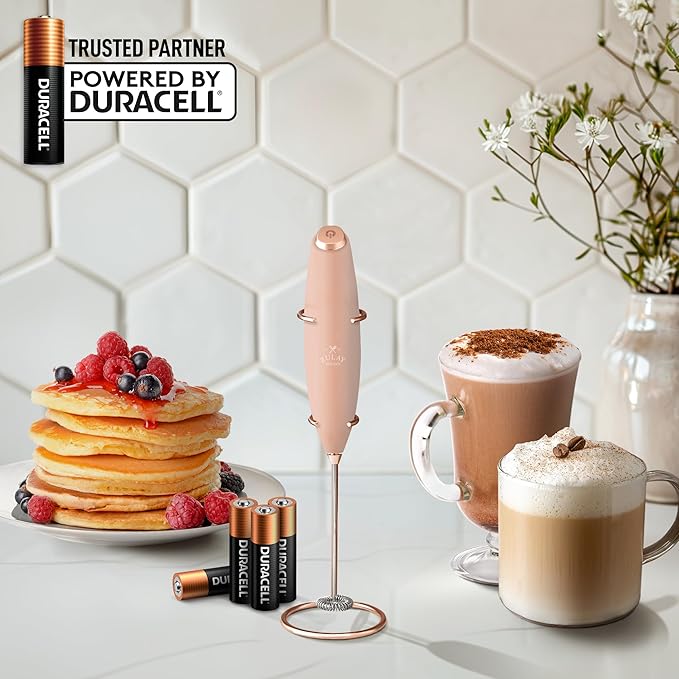 Zulay Kitchen Powerful Milk Frother Wand With 4 AA Duracell Batteries - Ultra Fast Handheld Drink Mixer - Electric Whisk Foam Maker for Coffee, Lattes, Cappuccino, Matcha & Creamer - Rose Peach
