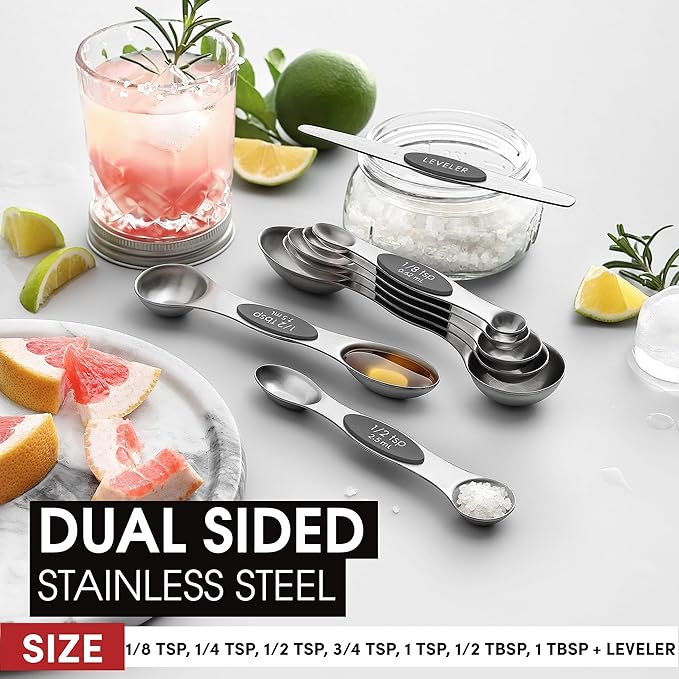 Spring Chef Heavy Duty Ice Cream Scoop with Comfortable Handle & Stainless Steel Magnetic Measuring Spoons with Leveler, Set of 8-2 Product Bundle - Gray