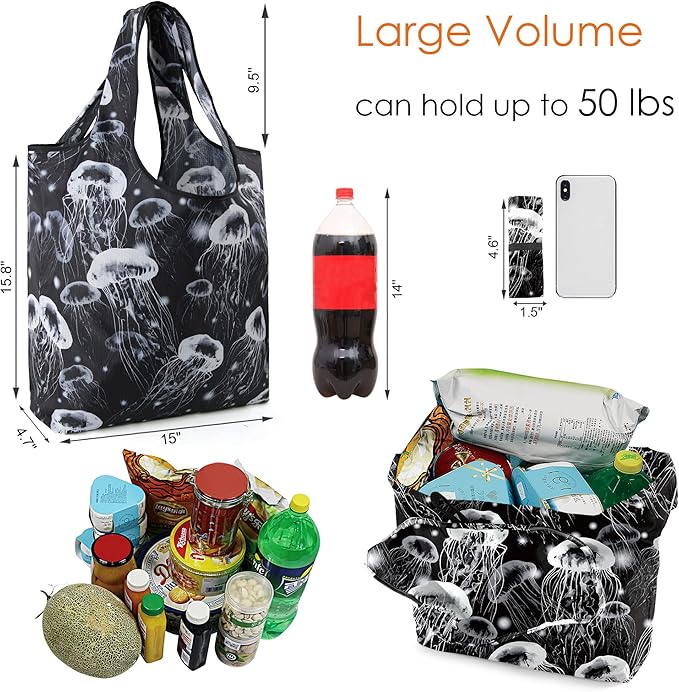 BeeGreen Turtle Reusable Grocery Bags Frog Elephant Penguin Jellyfish Shopping Bags Bulk 50LBS X-Large Heavy Duty 6 Pieces