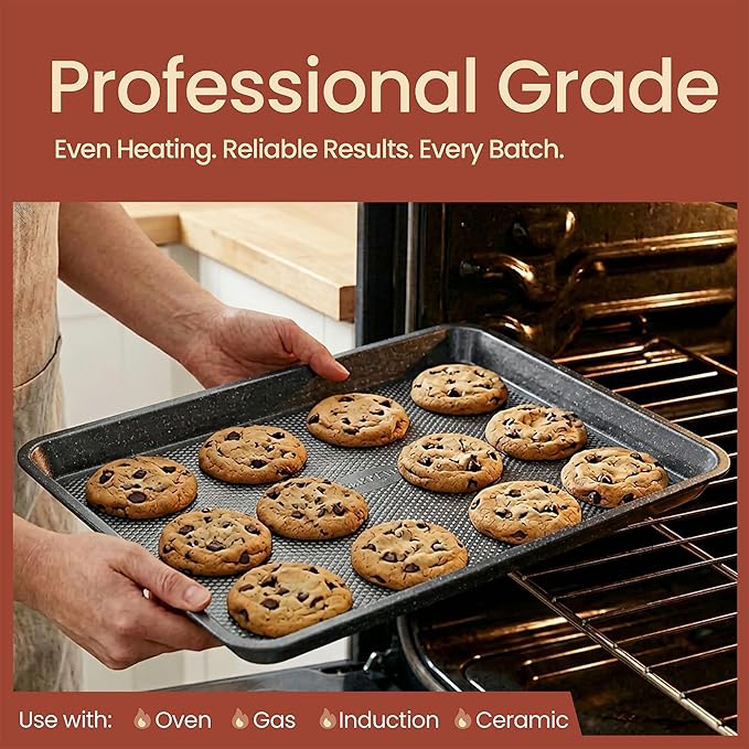 BAKKEN Kitchen Baking Pans - Nonstick Gray Coating, 13.58’’ × 9.65’’ Commercial Grade Carbon Steel Cookie Sheet, Diamond Texture Bottom, PFOA, PFOS, PTFE Free, Oven Safe Tray (450°F), Gray Marble