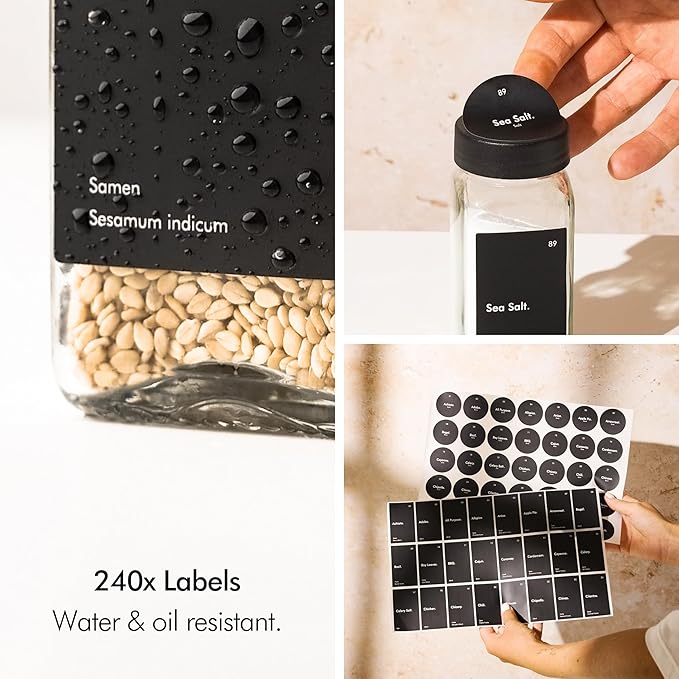 KIVY Glass Spice jars with Label & Shaker Lids [24x 4oz] Airtight Seasoning Containers for Cabinet & Drawer - Empty Spice Bottles - Spice containers with labels - Black spice jars with black lids