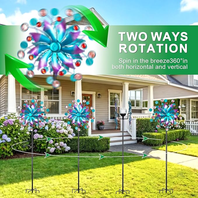 Solar Wind Spinner for Yard and Garden – 61 Inch Outdoor Metal Kinetic Sculpture with Multi-Color LED Glass Ball Light – Waterproof Windmill Stake for Patio, Lawn, and Pathway Decoration (Blue)