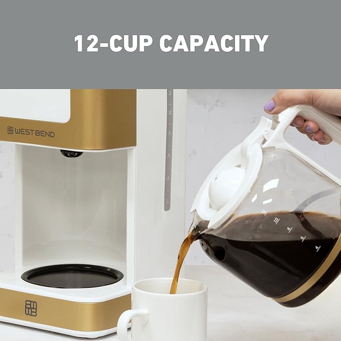 West Bend Timeless 12-Cup Programmable Coffee Maker with Brew Strength Selector for Hot and Iced Coffee, Includes 1-4 Cup Brew Option and Permanent Filter
