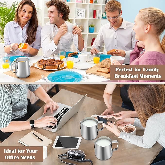 Honeydak 12 Pcs Milk Frothing Pitcher 304 Stainless Steel Steaming Pitchers for Coffee Bar Cappuccino Barista Tools Milk Jug Steamer Frother Cup (12 oz)