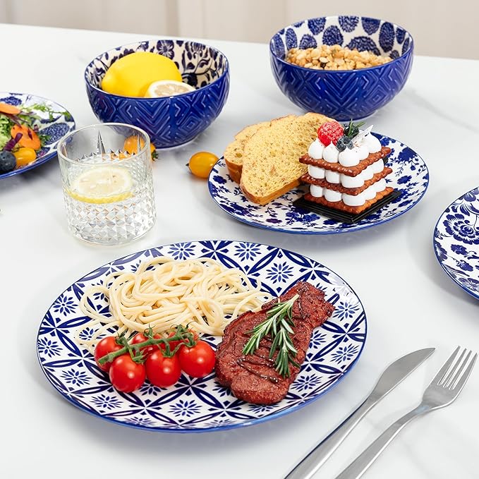 LEHAHA 12 Pieces Modern Porcelain Dinnerware Set，Service for 4, Ceramic Plates and Bowls Sets, Kitchen Dinner, Salad, Dessert Plate and Cereal Bowl Set, Ceramics Dishes Set, Blue and White