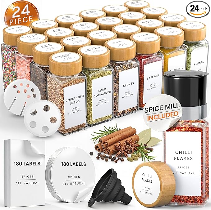 Glass Spice Jars with 360 Labels -24 pcs- 4oz- Spice Containers with Bamboo Lids -Shaker Lids- Pepper Grinder-Spice Organization for Cabinet-Drawer-Rack-Seasoning Organizer-Square bottles