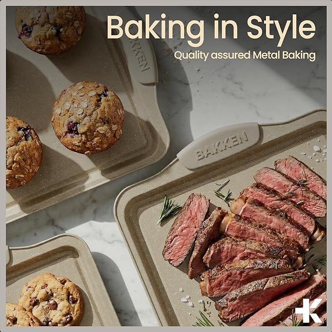 BAKKENMASTER 6-Piece Deluxe Nonstick Baking Pan Set - Professional Grade Carbon Steel Bakeware with White Marble Coating & Silicone Handles