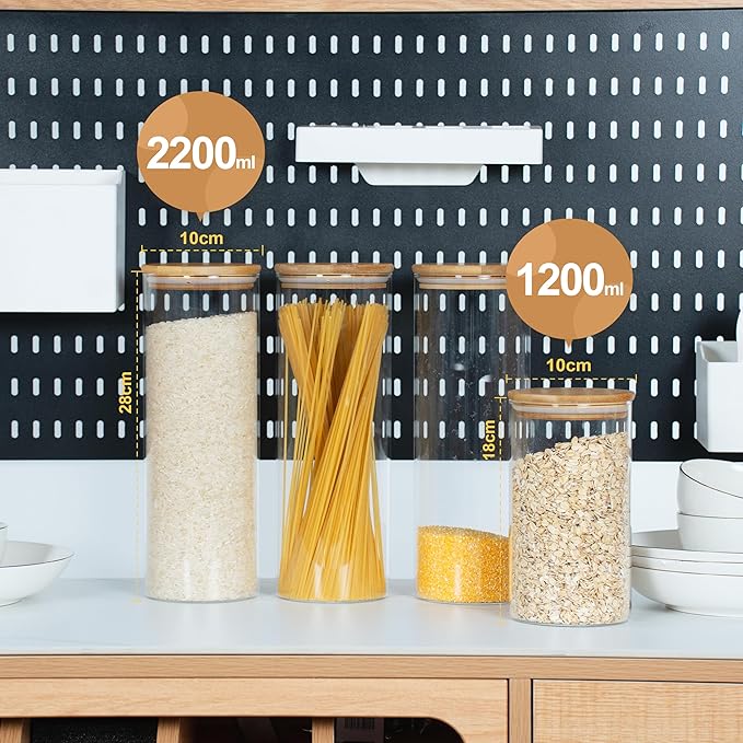 D2scrma 70oz Straight cylindrical Airtight Storage Jars with Bamboo Lid Set of 3 Storage Container Glass Jars, Kitchen Canister for Noodles, Pasta and Coffee beans (‎with Black Lable)