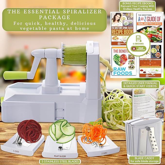 Brieftons 5-Blade Vegetable Spiralizer: Strongest-Heaviest Spiral Slicer, Best Veggie Pasta Spaghetti Maker for Low Carb/Paleo/Gluten-Free/Vegan Meals, With Extra Blade Caddy, 4 Recipe Ebooks