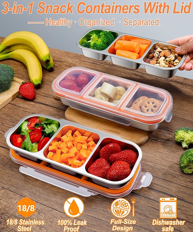 KTKUDY 3 Pack Stainless Steel Snack Containers for Kids & Adults - Large - Leak-Proof 3-Compartment Stackable Snack Lunch Boxes for Daycare, School, Work & Travel