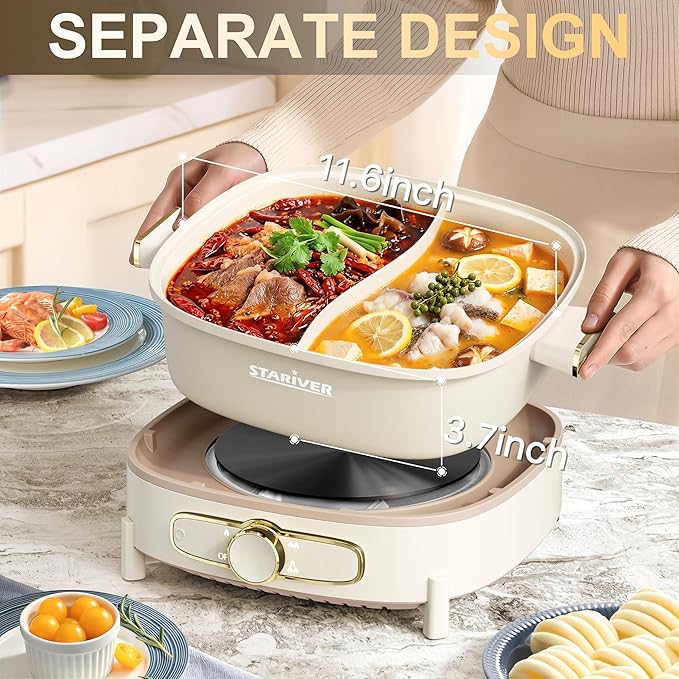 Stariver Hot Pot Electric with Divider, Large 6L Nonstick Double-Flavor Electric Shabu Shabu Pot, 1500W Hotpot with 3 Power Settings, Perfect for Family Dinners & Parties,White