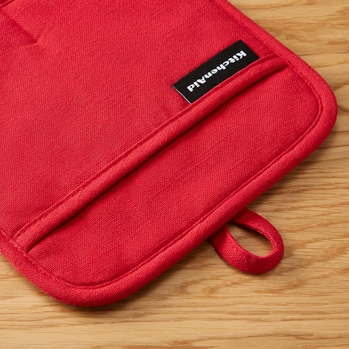KITCHENAID Gourmet Series Gridlines Pot Holders 2-Pack Set, Heat Resistant up to 600°F, Soft Silicone Grip, Magnetic Cuff, Passion Red, 8"x8"