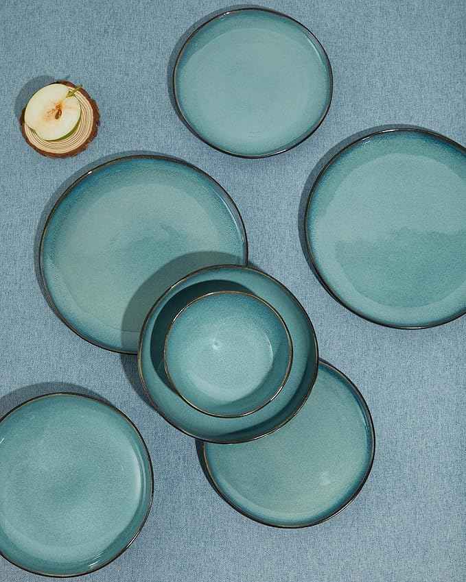 24 Piece Stoneware Dinnerware Set for 8, Reactive Glaze Plates and Bowls Sets | Designed for Holiday Dinners, Thanksgiving, Party Hosting | Durable Irregular Coastal Design, Green Black