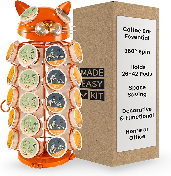 Made Easy Kit Carousel Coffee Pod Holder - Compatible with Keurig K-Pods K-Cups - Countertop 360 Spin Rack Storage Organizer - Revolving Base - Capsule Café Station Bar (Cat Orange, Large)