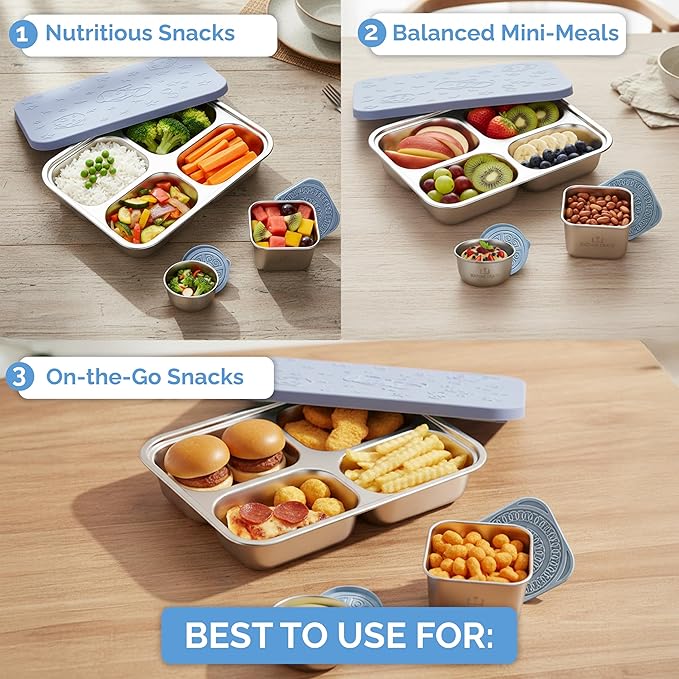 Stainless Steel Lunch Box for Kids 5 and Older – 3 Pieces Stainless Steel Bento Box with 4 Compartments & 2 Snack Containers – Leak Proof, BPA-Free, Eco-Friendly, Dishwasher Safe & Durable – Blue