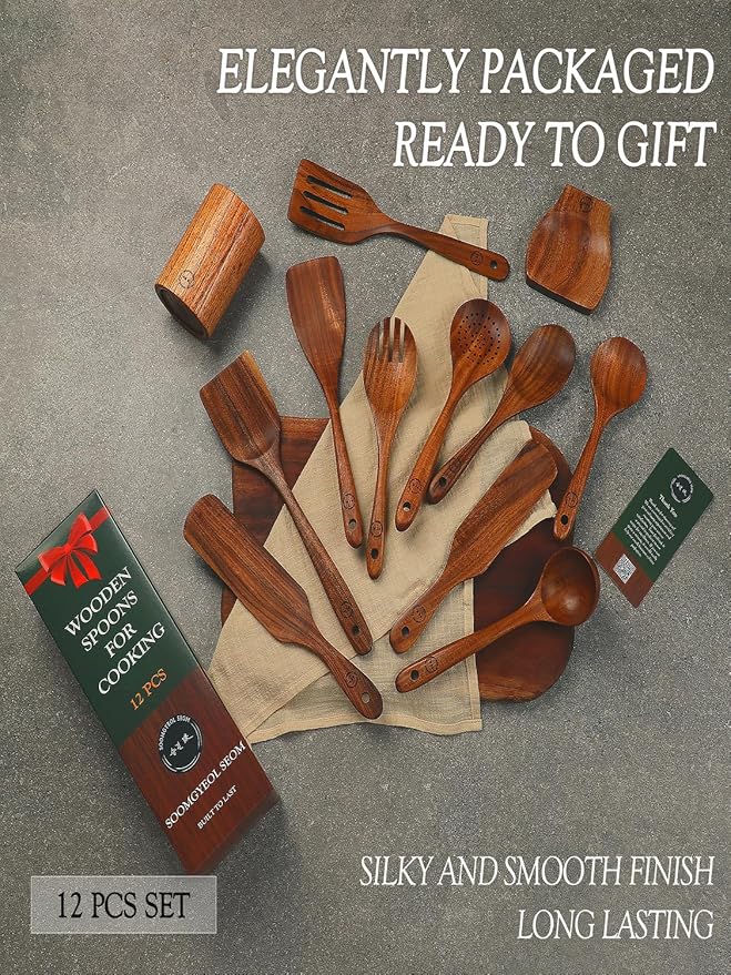 Natural Teak Wood Kitchen Utensil Set - 12 Piece Cooking Spoons & Spatulas with Large Spoon Holder & Rest, Non-Stick Heat Resistant Wooden Tools, Food-Safe Eco-Friendly Organizer