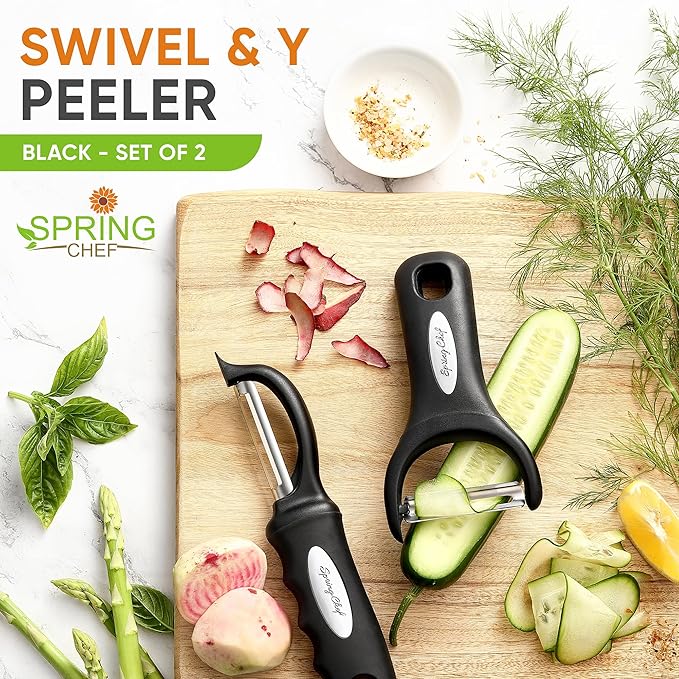 Spring Chef Swivel Vegetable Peeler & Y Peeler with Sharp Stainless Steel Blades & Premium Lemon Zester (Fine Grater) with Handle - 3 Product Bundle - Black