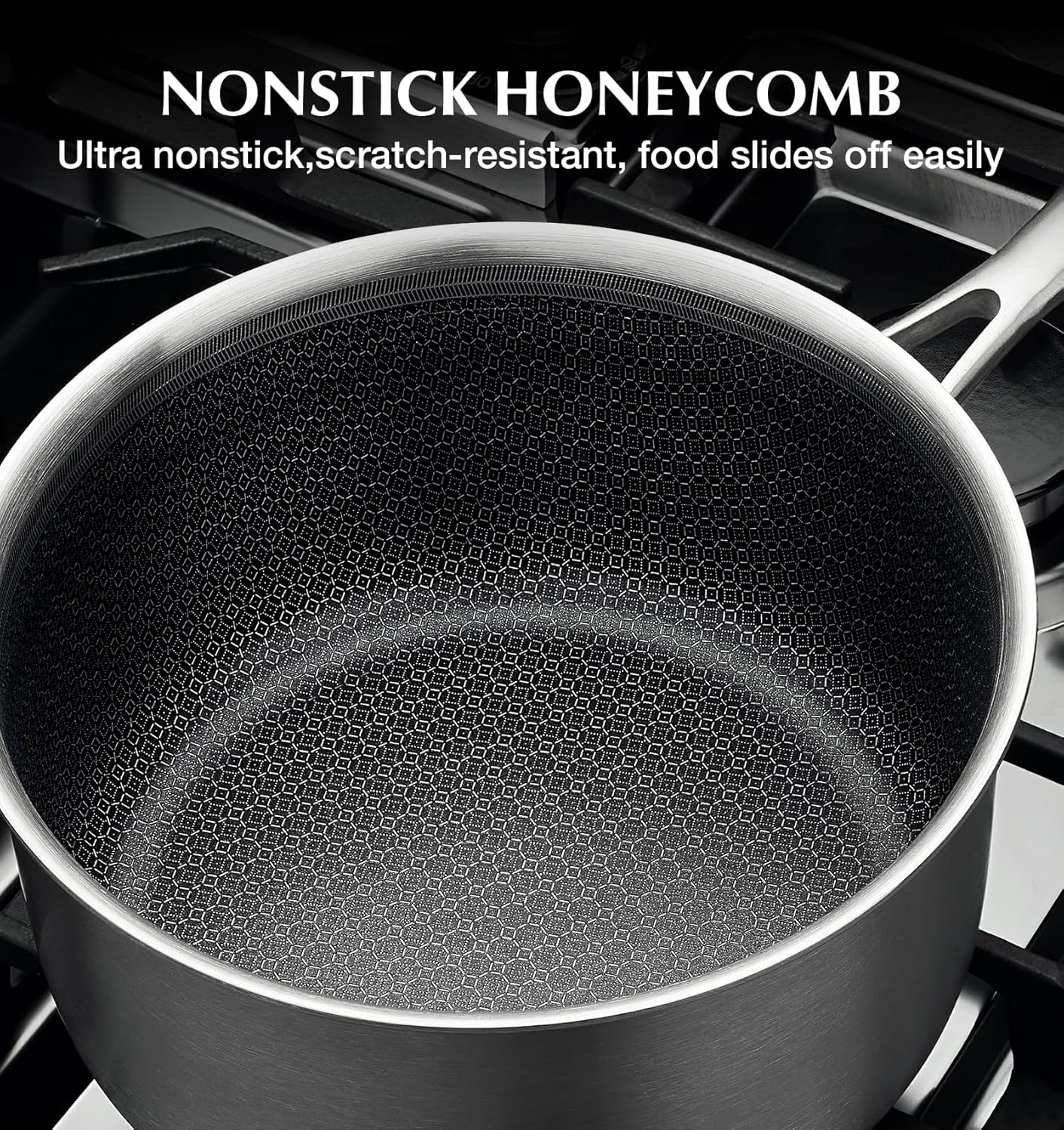 KOCH SYSTEME CS Hybrid Nonstick Stainless Steel Saucepan, 2 Quart Tri-Ply Stainless Steel Sauce Pan with Nonstick Honeycomb Interior, Hybrid Sauce Pan with Lid, Small Steel Pot, Induction Compatible
