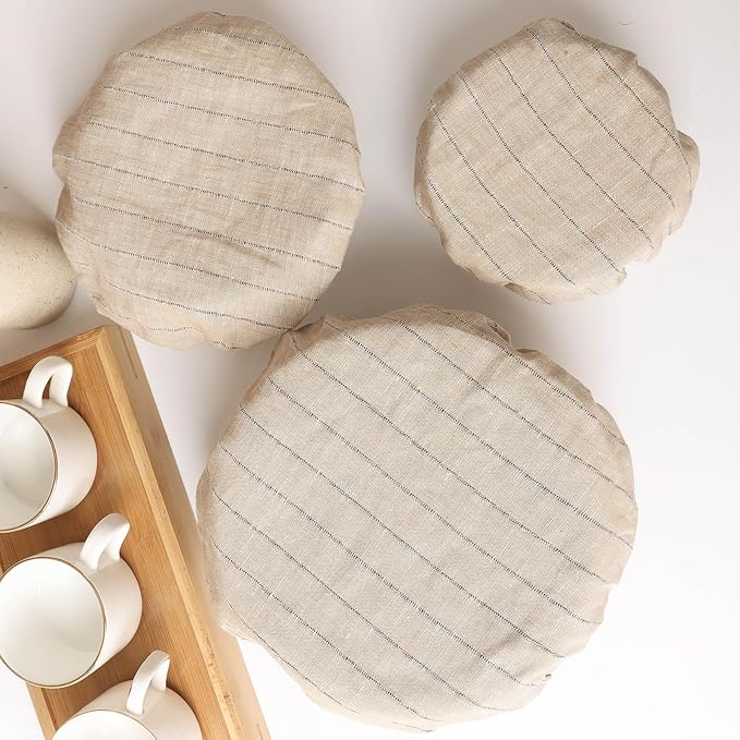 100% Linen Stripe Bowl Covers Reusable For Bread Proofing, 4 Pcs Elastic Cloth Fabric Bowl Covers, 5.9 * 7.9 * 9.8 * 11.8 Inches, Linen