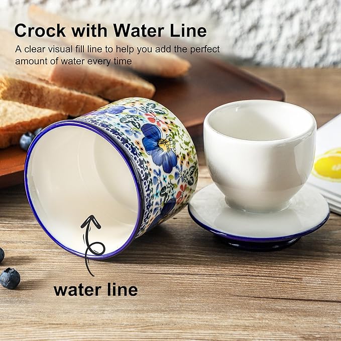 French Butter Crock with Lid for Countertop,Handpainted Floral Butter Keeper with Water Seal Line, Farmhouse Ceramic Butter Container Airtight for Soft Spreadable Butter,Housewarming Gifts