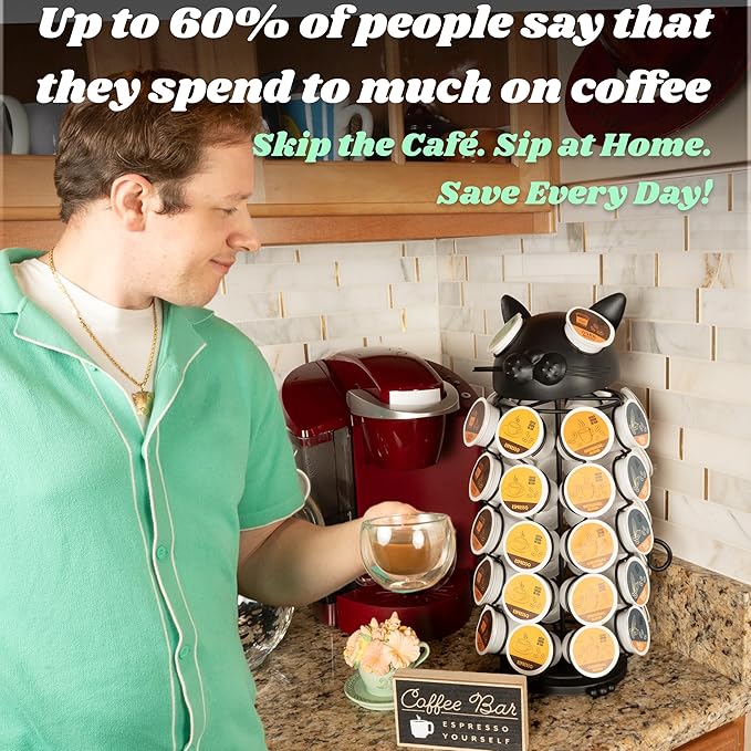 Made Easy Kit Carousel Coffee Pod Holder - Compatible with Keurig K-Pods K-Cups - Countertop 360 Spin Rack Storage Organizer - Revolving Base - Capsule Café Station Bar (Cat Black, Large)