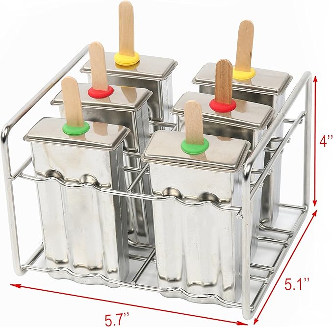 Set of 6 Stainless Steel Popsicle Mold and Rack Set - Homemade Ice Treat Makerwith 50 Wooden Sticks and 6 Silicone Seals and Bonus Cleaning Brush