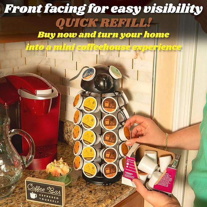 Made Easy Kit Carousel Coffee Pod Holder - Compatible with Keurig K-Pods K-Cups - Countertop 360 Spin Rack Storage Organizer - Revolving Base - Capsule Café Station Bar (Dog Black, Small)