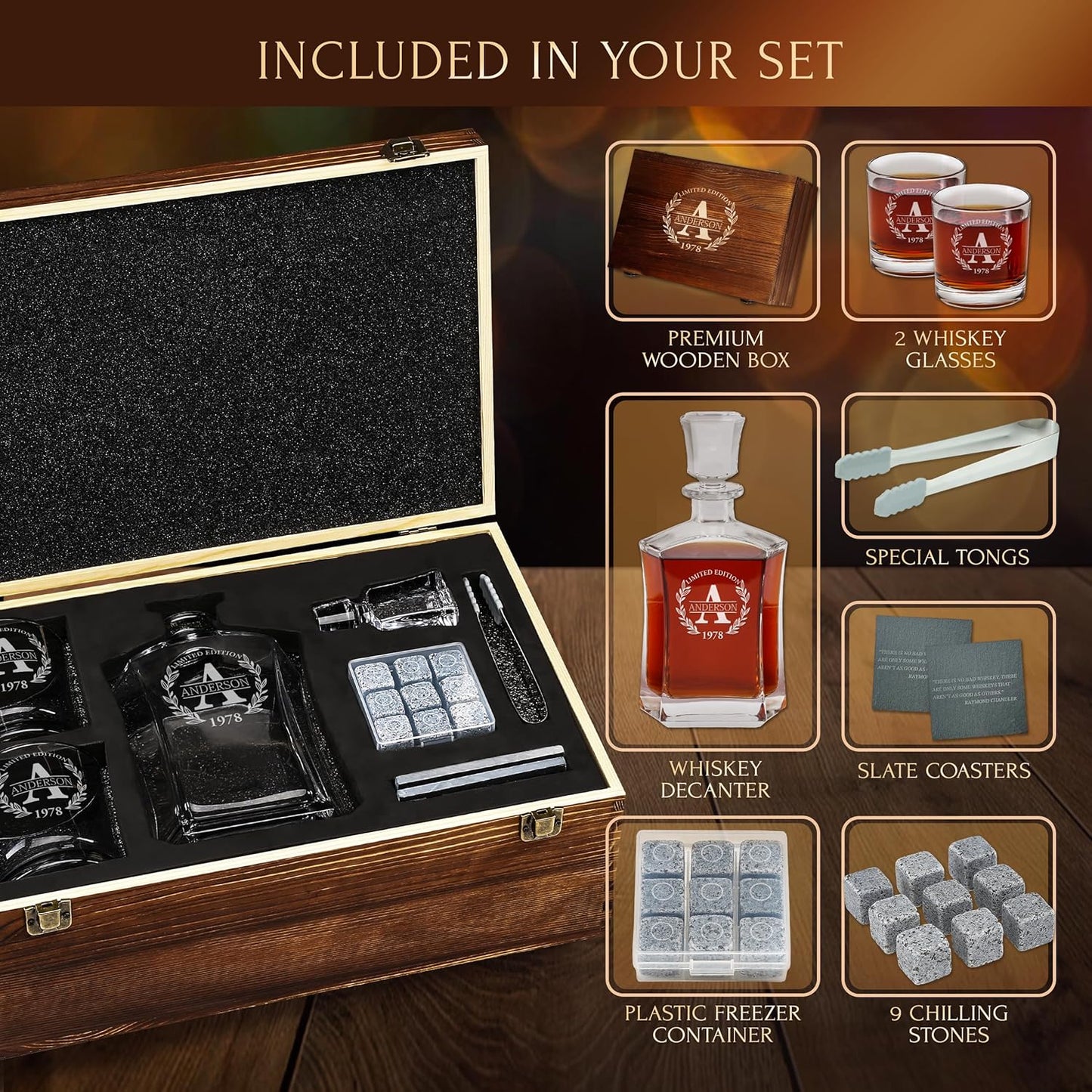 Personalized Whiskey Decanter and Stones Set - Customized Gift for Him - Men, Dad, Father - Engraved Old Fashioned Decanter, Glasses, 9 Granite Stones in Container, Coasters, Tongs in Wooden Gift Box
