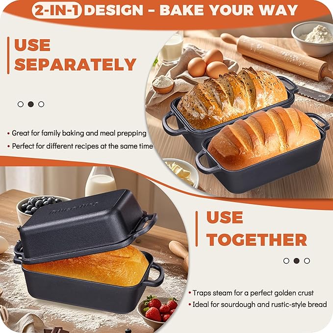 Cast Iron Loaf Pan with Lid 9×5 Inch, Bread Baking Pans, Even Heat Distribution for Sourdough, Pre-Seasoned Dutch Oven Loaf Pan for Homemade Bread