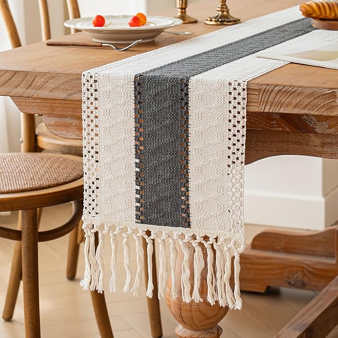 FEXIA Boho Table Runner for Home Decor with Tassels 108 Inches Long,Grey Farmhouse Rustic Table Runner Macrame Burlap Table Decoration for Living Room Bridal Shower(12x108 Inches)