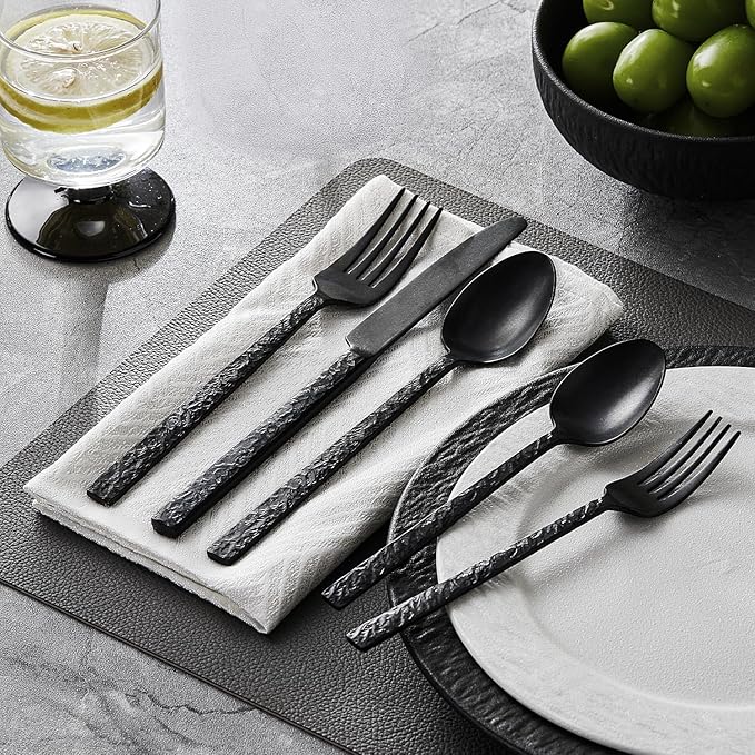 KINGSTONE 40 Pcs Black Hammered Silverware Set for 8, 18/10 Stainless Steel Heavy Duty Flatware Set, Tableware Cutlery Utensil Sets for Home Restaurant Dishwasher Safe